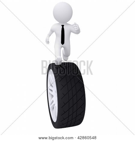 3D homem correndo na roda do carro