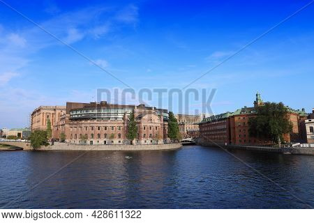 Riksdag (parliament Of Sweden) Building In Stockholm. Sunset Light.