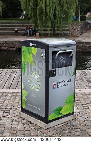 Jonkoping, Sweden - August 25, 2018: Bigbelly Trash Compacting Public Space Waste Bin In Jonkoping S