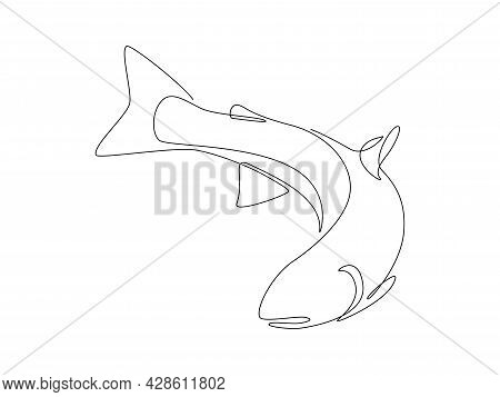 Salmon Fish In One Continuous Line Drawing. Wild Trout Silhouette In Linear Sketch Style On White Ba