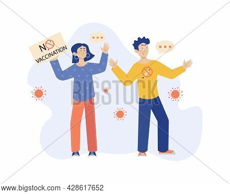 Protest Against Vaccination Vector Concept Illustration. Flat Illustration Cartoon Style. Man And Wo