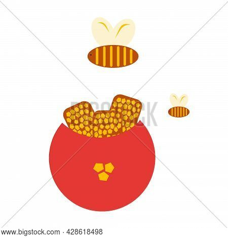 Illustration Of A Small Barrel With Honey. Bees. Honey. Honeycomb. Bees Surrounded The Honey. Stripe