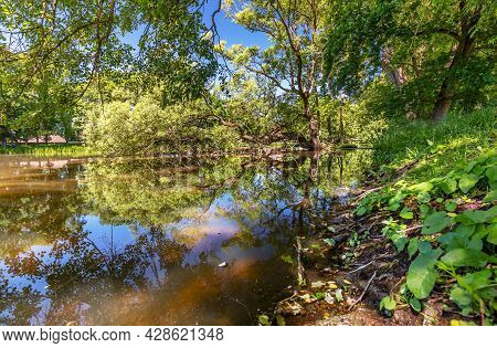 Germany, Bavaria, Weissenstein Palace In Pommersfelden Bamberg, River, Tree, Reflection Of Trees In 