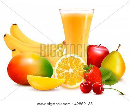 Frutas de cor fresca e suco. Ilustração vetorial