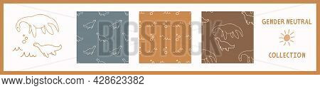 Seamless Background Plesiosaurus Dinosaur Set Of 3 Patterns With Motif. Whimsical Minimal Earthy 2 T