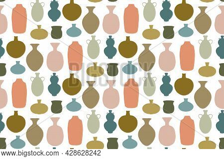 Seamless Pattern With Set Of Abstract Ceramic Vase Shapes. Various Pottery Ceramic Jugs In Warm Boho