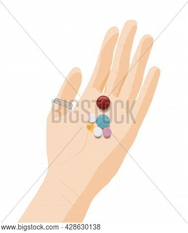 Hand With Multi-colored Pills. Vector Stock Illustration.