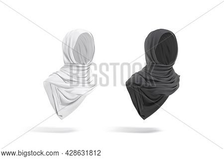 Blank Black And White Woman Muslim Hijab Mockup, Half-turned View, 3d Rendering. Empty Shawl Khimar 