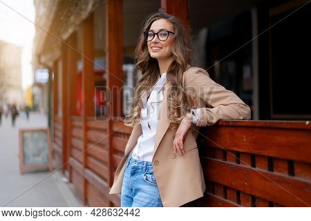 Business Woman Restaurant Owner Dressed Elegant Pantsuit Standing Near Outdoor Restaurant Caucasian 