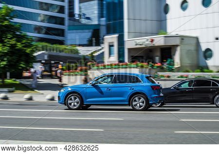 High-speed Motion-blurred Audi Q5 Second Generation Suv On City Highway. Moscow, Russia - July 2021