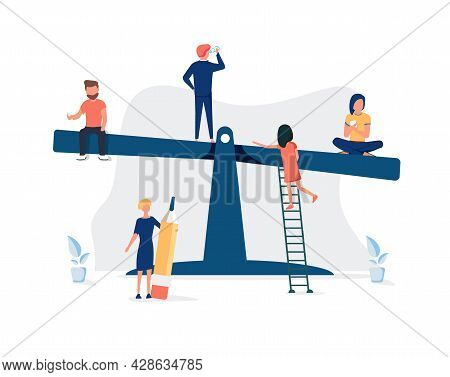 Vector Illustration Of Groups Of People On A Swing And Outweighs Them, The Concept Of Overweight, Co