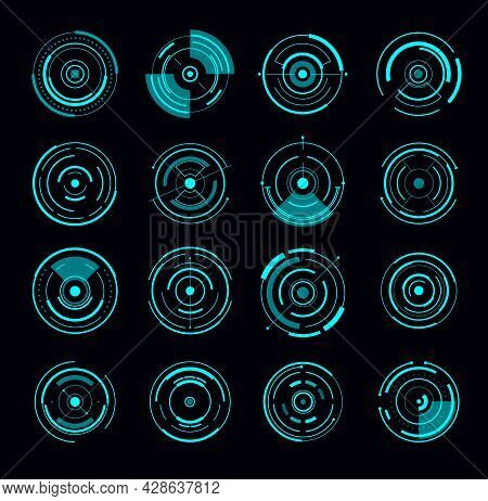 Hud Interface Round Radar Futuristic Circle. Game Interface Elements, Future Or Sci Fi Weapon Electr