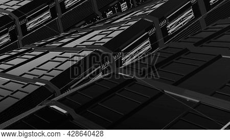 Futuristic Platforms In Spaceship. Motion. Platforms Of Spacecraft Are Twisted Parallel To Each Othe
