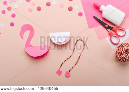 Diy. Childrens Pink Flamingo Made Of Colored Paper. Detailed Step-by-step Instructions.