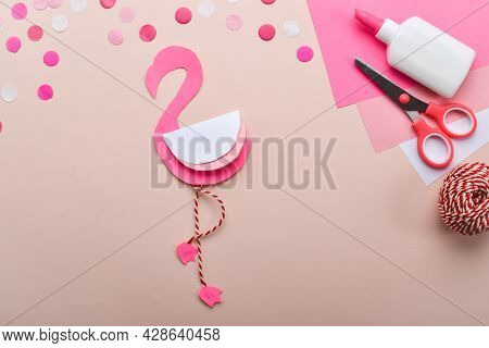 Diy. Childrens Pink Flamingo Made Of Colored Paper. Detailed Step-by-step Instructions.
