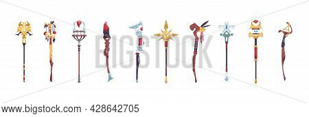 Wizard Stuff. Cartoon Magic Staves Of Natural Elements With Stones. Metal And Wooden Magical Weapon 