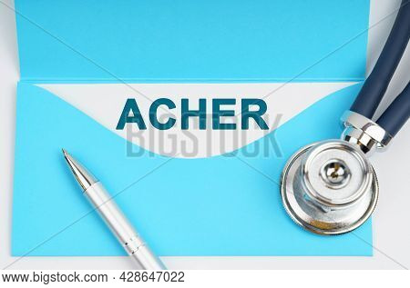 Medicine And Health Concept. There Is A Stethoscope On The Table, An Envelope With Paper On Which It