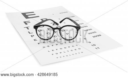Eye Chart Test And Glasses On White Background. Ophthalmologist Tools