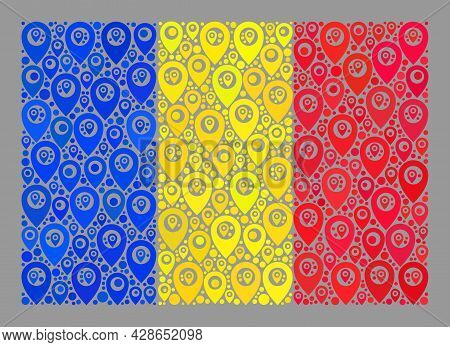 Mosaic Targeting Romania Flag Created Of Navigate Icons. Vector Collage Rectangular Romania Flag Cre
