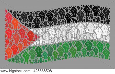 Mosaic Waving Palestine Flag Created Of Protest Elements. Strike Hand Vector Collage Windy Palestine