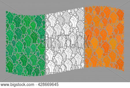Mosaic Waving Ireland Flag Constructed Of Riot Hand Icons. Revolution Hand Vector Mosaic Waving Irel
