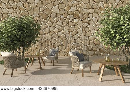 Scandinavian Style Open Outdoor Terrace Cafe With Wicker Furniture And Trees. Mock Up Stone Wall. 3d