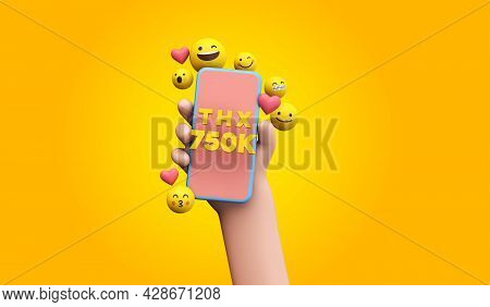 Thanks 750k Social Media Supporters. Cartoon Hand And Smartphone. 3d Render.