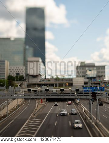 Vienna, Austria - March 5, 2020: Traffic On The A22 Motorway In Vienna On A Sunny Day In Spring. Thi