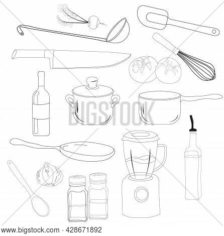 Kitchen Accessories Set. Vector Stock Illustration. Knife, Blender Mixer, Pots, Spatulas, Ladle, Lad