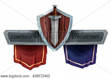 Versus Battle Game Vector Banner, Vs Team Fight Esport Tournament Sign, Wooden Shield, Sword On Whit