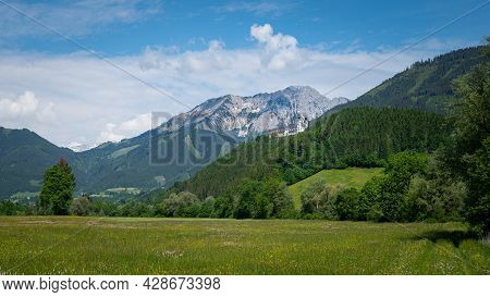 The Austrian Alps Near Admont On A Sunny Day In Summer, National Park Gesaeuse, Green Meadows