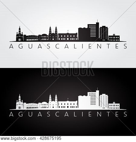 Aguascalientes Skyline And Landmarks Silhouette, Black And White Design, Vector Illustration.