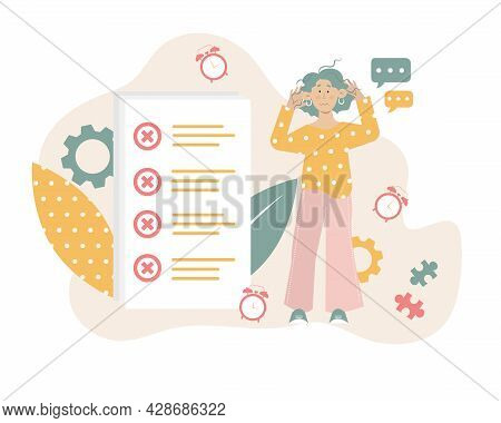 Young Woman Is Not Succeed With Her Tasks And Time Management. Unorganized Person, Procrastinator Pe