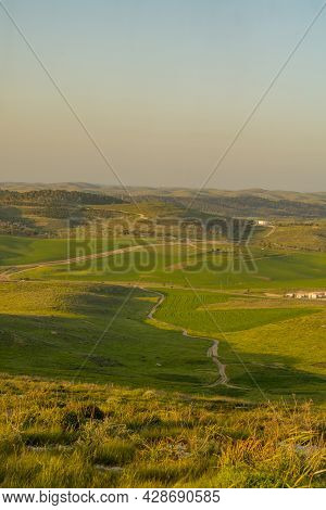 Sunset View Of Countryside And Rural Landscape From The Gaat Hill, Near Lahav, In The Negev Desert, 