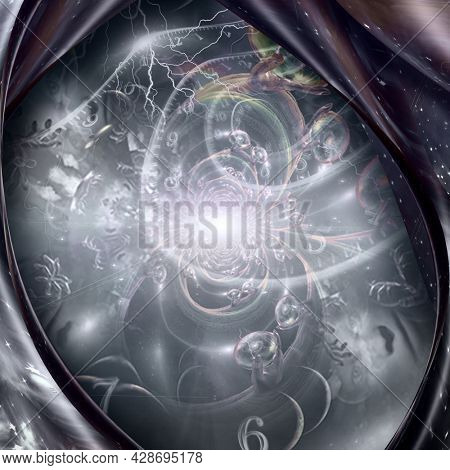 Multiverse in giants hands. Time spirals. 3D rendering