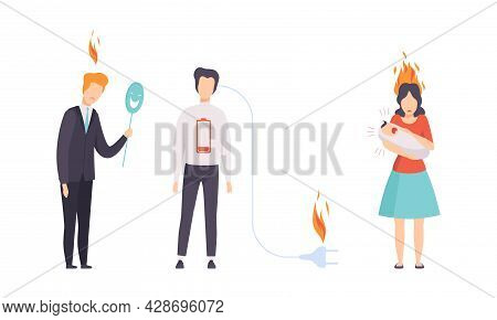 Burn Out Stressed Man And Woman Feeling Fatigue And Exhaustion With Plug Off And Carrying Crying Bab