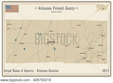 Map On An Old Playing Card Of Poinsett County In Arkansas, Usa.