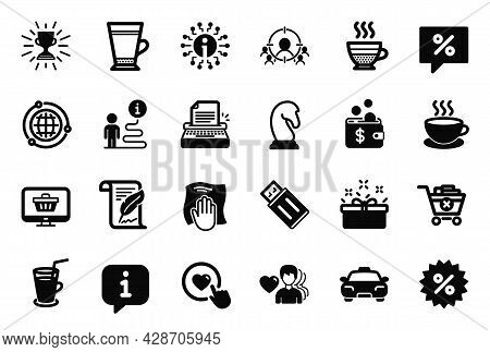 Vector Set Of Simple Icons Related To Marketing Strategy, Web Shop And Cappuccino Icons. Globe, Disc