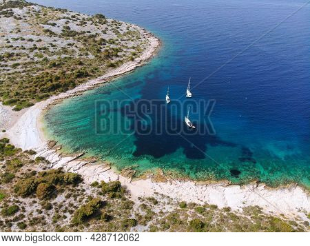 Zirje Island In Croatia. Paradise Cove With Sailing Yachts. Drone View Of Croatia.