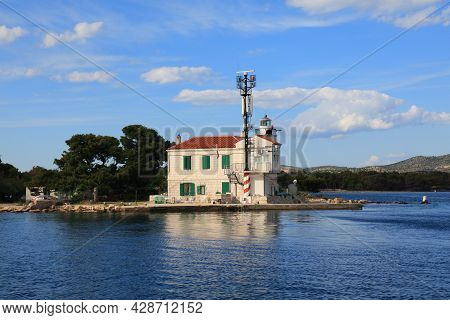 Navigation Infrastructure In Croatia. Lighthouse At Cape Jadrija Near Sibenik, Croatia.