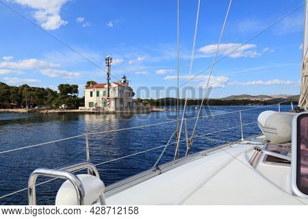 Navigation Infrastructure In Croatia. Lighthouse At Cape Jadrija Near Sibenik, Croatia.