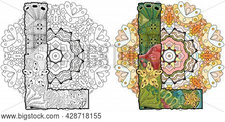 Hand-painted Art Design. Adult Anti-stress Coloring Page. Black And White Hand Drawn Illustration Ma