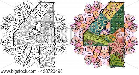 Hand-painted Art Design. Illustration Mandala With Numero Four. Colored And Outline Set