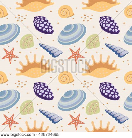 Seamless Repeat Pattern With Seashells. Vector Illustration