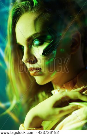 Close up portrait of beautiful cyber girl. Virtual reality, city of the future.