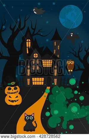 Halloween Night Background. Vector Illustration For The October Holiday, Banner. Poster, Invitation 