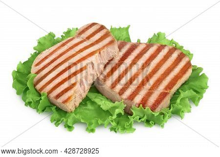Tuna Fish Steak Grilled Isolated On White Background With Clipping Path And Full Depth Of Field