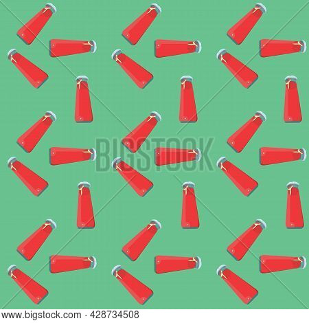 Red Drink In A Glass Bottle On A Green Background. Pattern. Vector Stock Illustration