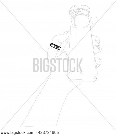A Glass Bottle With Juice In A Human Hand. Vector Stock Illustration Isolated On White Background. D