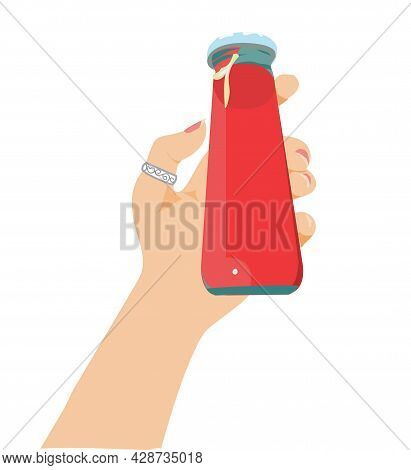 Glass Bottle With Juice In Hand. Vector Stock Illustration Isolated On White Background